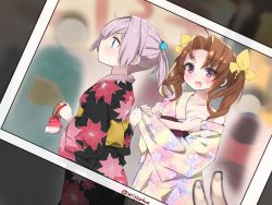 Rule 34 | 10s, 2girls, ahoge, alternate costume, aqua eyes, bad id, bad twitter id, bag, blush, border, brown hair, check commentary, commentary request, floral print, flower, gradient background, hair ornament, hair ribbon, highres, inactive account, japanese clothes, kagerou (kancolle), kantai collection, kimono, long hair, looking at viewer, mitsudoue, multiple girls, open mouth, photo (object), pink hair, ponytail, ribbon, shiranui (kancolle), short hair, smile, twintails, twitter username, yukata