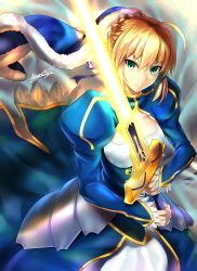 Rule 34 | 1girl, absurdres, ahoge, aqua eyes, armor, armored dress, artoria pendragon (all), artoria pendragon (fate), blonde hair, blue dress, braid, braided bun, dress, excalibur (fate/stay night), fate/stay night, fate (series), fur trim, hair between eyes, hair bun, highres, holding, holding sword, holding weapon, looking at viewer, nez-box, saber (fate), short hair with long locks, sidelocks, signature, solo, standing, sword, weapon