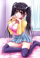 Rule 34 | 1girl, bed, black hair, blush, breasts, cardigan, cleavage, covered erect nipples, hair ribbon, highres, jewelry, large breasts, long hair, miniskirt, nanno koto, necklace, original, panties, pantyshot, pink eyes, plaid, plaid skirt, purple thighhighs, ribbon, sitting, skirt, solo, thighhighs, twintails, underwear, white panties