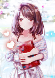 Rule 34 | 1girl, bad id, bad pixiv id, bare shoulders, blush, brown hair, closed mouth, collarbone, commentary request, dress, flower, heart, highres, hugging object, long hair, long sleeves, looking at viewer, mutang, off-shoulder dress, off shoulder, original, pink flower, red eyes, smile, solo, striped clothes, striped dress, white dress