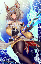 Rule 34 | 1girl, animal ears, blunt bangs, breasts, cat ears, catalyst scimitar, chest jewel, detached sleeves, facial mark, grey hair, highres, kamaniki, nia (xenoblade), pantyhose, short hair, small breasts, solo, sword, weapon, xenoblade chronicles (series), xenoblade chronicles 3, yellow eyes