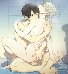 Rule 34 | 10s, 2boys, aldnoah.zero, anal, ass, barefoot, bathroom, blue eyes, blush, brown hair, erection, eyepatch, feet, full body, grey hair, highres, kaizuka inaho, looking at viewer, male focus, male penetrated, multiple boys, nude, penis, red eyes, scar, sex, shower (place), slaine troyard, soles, testicles, toes, water, wet, yaoi, zehel az