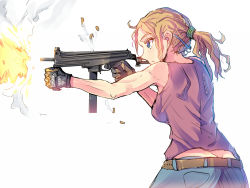 Rule 34 | 1girl, blonde hair, blue eyes, butt crack, casing ejection, commentary request, daito, firing, gg-95 pdw, gloves, gun, jatimatic, long hair, muzzle flash, original, ponytail, shell casing, sketch, sleeveless, solo, submachine gun, vertical foregrip, vertical forward grip, weapon