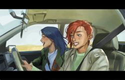 Rule 34 | 2girls, caitlyn (league of legends), car interior, character name, driving, facial tattoo, freckles, green eyes, green jacket, grey jacket, grey shirt, grin, highres, hv 0519, jacket, jewelry, league of legends, letterboxed, long hair, multiple girls, nose piercing, open clothes, open jacket, piercing, red hair, ring, shirt, short hair, smile, tattoo, teeth, vi (league of legends)