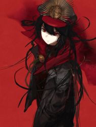 Rule 34 | 1girl, bad id, bad twitter id, belt, black hair, closed mouth, fate (series), grey jacket, hair between eyes, hands in pockets, hat, jacket, kachi, koha-ace, long hair, looking at viewer, messy hair, oda nobunaga (fate), oda nobunaga (koha-ace), peaked cap, red background, red eyes, red jacket, simple background, solo, standing