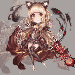 Rule 34 | animal ear hairband, animal ears, bad id, bad pixiv id, blunt bangs, blush, boots, cape, cat ear hairband, cat ears, chibi, fake animal ears, full body, fur-trimmed hood, fur trim, grin, hair ribbon, hairband, highres, holding, holding sword, holding weapon, hood, hood down, leotard, long hair, long sleeves, looking at viewer, orange eyes, parted lips, red riding hood (sinoalice), ribbon, simple background, sinoalice, smile, smoke, solo, sword, thigh boots, thighhighs, wavy hair, weapon, xxviii xi, zoom layer