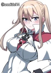 Rule 34 | 1girl, blonde hair, breasts, capelet, cross, graf zeppelin (kancolle), grey eyes, highres, iron cross, kantai collection, kurano kisuke, large breasts, long hair, looking at viewer, military uniform, necktie, one-hour drawing challenge, red necktie, sidelocks, simple background, solo, twintails, twitter username, uniform, upper body, white background, white capelet