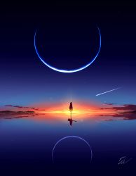Rule 34 | 1girl, cloud, comet, crescent moon, highres, lens flare, moon, original, reflection, scenery, signature, sky, solo, standing, star (sky), sunset, water, water world, zahidmeh