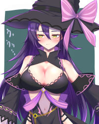 Rule 34 | 1girl, :t, assault lily, averting eyes, bare shoulders, bikini, black bikini, black hat, blush, border, bow, breasts, cleavage, closed mouth, commentary request, cowboy shot, detached sleeves, green background, hair between eyes, hair down, halloween costume, hat, hat bow, highres, honma akehi, large breasts, long hair, long sleeves, looking to the side, nanakusa yukiusagi, navel, official alternate costume, official alternate hairstyle, outside border, pelvic curtain, pink bow, purple hair, see-through, shrug (clothing), sideways glance, simple background, solo, standing, sweatdrop, swimsuit, very long hair, white border, wide sleeves, witch hat, yellow eyes