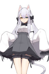 Rule 34 | 1girl, absurdres, animal ears, black bow, black bowtie, blue eyes, bobby36446329, bow, bowtie, breasts, brown eyes, cat ears, cat girl, cat tail, center frills, closed mouth, commentary request, eyebrows hidden by hair, frills, grey hair, grey skirt, hair between eyes, hair bow, heterochromia, high-waist skirt, highres, korean commentary, long hair, long sleeves, looking at viewer, original, puffy long sleeves, puffy sleeves, shirt, simple background, skirt, sleeves past fingers, sleeves past wrists, small breasts, solo, tail, very long hair, white background, white shirt