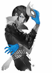 Rule 34 | 10s, 1boy, blue eyes, blue gloves, closed mouth, club3, fox mask, from side, gloves, greyscale, highres, kitagawa yuusuke, limited palette, looking at viewer, male focus, mask, unworn mask, monochrome, persona, persona 5, simple background, solo, spot color