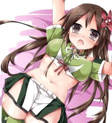 Rule 34 | 10s, 1girl, amagi (kancolle), boots, breasts, brown eyes, brown hair, flower, hair between eyes, hair flower, hair ornament, kantai collection, large breasts, leaf hair ornament, long hair, looking at viewer, lying, midriff, mole, mole under eye, open mouth, ponytail, shiraishi mamim, skirt, solo, thigh boots, thighhighs