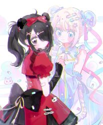 Rule 34 | 2girls, alternate costume, alternate hairstyle, ame-chan (needy girl overdose), animal ears, bear ears, black bow, black hair, blonde hair, blue dress, blue eyes, blue hair, bow, bun cover, chinese clothes, chouzetsusaikawa tenshi-chan, closed mouth, cowboy shot, detached sleeves, double bun, dress, dual persona, grey eyes, hair bow, hair bun, hair ornament, hair over one eye, hand up, highres, holding hands, interlocked fingers, long hair, long sleeves, looking at viewer, looking back, multicolored hair, multiple girls, nass ye, needy girl overdose, pien cat (needy girl overdose), pill, pink hair, puffy short sleeves, puffy sleeves, red bow, red dress, short sleeves, smile, standing, star (symbol), star hair ornament, twintails, wide sleeves, x hair ornament