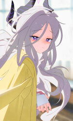 Rule 34 | 1girl, absurdres, bags under eyes, blue archive, blurry, blurry background, bm tol, curled horns, duplicate, grey hair, highres, hina (blue archive), horns, indoors, jacket, jacket on shoulders, long hair, long sleeves, looking at viewer, looking to the side, multiple horns, pajamas, pink pajamas, pixel-perfect duplicate, solo, very long hair, yellow jacket