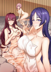 Rule 34 | 3girls, absurdres, bath, bathing, blush, breasts, completely nude, convenient censoring, covered erect nipples, covering breasts, covering privates, fate/grand order, fate (series), hair intakes, hair over one eye, highres, large breasts, light purple hair, long hair, manna (pixiv8805037), mash kyrielight, minamoto no raikou (fate), multiple girls, naked towel, nude, nude cover, onsen, open mouth, partially submerged, purple eyes, purple hair, red eyes, rock, scathach (fate), short hair, smile, towel, very long hair, white towel