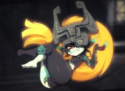 Rule 34 | 1girl, ass, barefoot, black skin, blonde hair, blue skin, claws, colored sclera, colored skin, commentary, english commentary, fang, glowing, glowing ears, glowing hair, glowing nails, glowing tattoo, helmet, imp, legs up, midna, multicolored skin, naughty face, neon trim, nintendo, no pussy, one eye covered, pointy ears, prehensile hair, red eyes, sharp teeth, shortstack, smile, smirk, teeth, the legend of zelda, the legend of zelda: twilight princess, two-tone skin, wildblur, yellow sclera