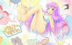 Rule 34 | 1girl, ass, bad feet, barefoot, blush, bra, breast hold, breasts, cleavage, crescent, crescent hair ornament, feet, female focus, hair ornament, highres, lingerie, long hair, panties, patchouli knowledge, purple eyes, purple hair, rinku, side-tie panties, solo, striped clothes, striped panties, touhou, underwear, underwear only