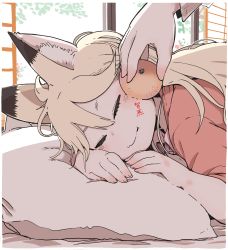 Rule 34 | 1girl, 2020, ^ ^, absurdres, animal ear fluff, animal ears, arm rest, backlighting, blonde hair, blush, body writing, border, cheek press, close-up, closed eyes, closed mouth, ezo red fox (kemono friends), facing viewer, fang, food, fox ears, from side, fruit, hair between eyes, hand up, hare (tetterutei), head rest, highres, holding, holding food, holding fruit, indoors, kemono friends, long hair, lying, mandarin orange, new year, on side, out of frame, outline, pillow, short eyebrows, shouji, skin fang, sleeping, sliding doors, solo focus, split mouth, thick eyelashes, upper body, white border, white outline