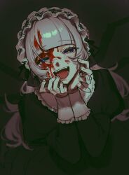 Rule 34 | 1girl, blood, blood in hair, blood on face, blood on hands, blue eyes, blunt bangs, crazy, crazy eyes, crazy smile, dark background, eyelashes, frilled hairband, frilled shirt, frills, hairband, hands on own face, highres, long hair, looking at viewer, maid, maid headdress, open mouth, original, pomichang, shirt, simple background, smile, solo, teeth, tongue, upper body, white hair