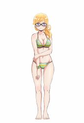 Rule 34 | 10s, 1girl, absurdres, bikini, blonde hair, blue eyes, blush, breasts, cleavage, glasses, gluteal fold, halterneck, harukana receive, highres, medium breasts, navel, o-ring, o-ring bottom, official art, ponytail, smile, swimsuit, thomas emily, watch, white background, wristwatch