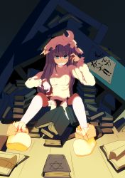 Rule 34 | 1girl, alternate costume, annoyed, blue eyes, book, bookshelf, colorized, crescent, crescent moon, female focus, garigarigari, hat, hexagram, highres, ku-ba, library, moon, patchouli knowledge, purple hair, shade, shoes, sitting, solo, sweatdrop, sweater, touhou, translated, voile