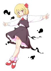 Rule 34 | 1girl, :o, ankle socks, ascot, bare legs, black skirt, black vest, blonde hair, bob cut, bobby socks, collared shirt, commentary request, darkness, eyes visible through hair, frilled shirt collar, frilled socks, frills, from side, full body, hair ribbon, head tilt, highres, leg up, legs, long sleeves, looking at viewer, looking to the side, maguro (mawaru sushi), mary janes, medium skirt, outstretched arms, parted lips, petticoat, puffy long sleeves, puffy sleeves, red ascot, red eyes, red footwear, red ribbon, ribbon, rumia, shirt, shirt tucked in, shoes, short hair, simple background, skirt, skirt set, socks, solo, spread arms, standing, swept bangs, tareme, touhou, vest, white background, white shirt, white socks, wing collar