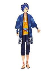 Rule 34 | 1boy, alternate hairstyle, astel leda, blonde hair, blue hair, closed mouth, commentary request, full body, green eyes, hair over one eye, highres, holostars, jacket, japanese clothes, kimono, looking at viewer, male focus, multicolored hair, nakamura eight, official alternate costume, official art, short hair, simple background, sketch, smile, solo, straight-on, two-tone hair, virtual youtuber, white background