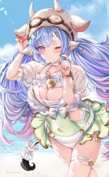 Rule 34 | 1girl, animal ears, blue hair, blue sky, blush, bracelet, breasts, catura (granblue fantasy), cleavage, commentary request, covered navel, cow ears, cow hat, cow tail, cowboy shot, draph, goggles, goggles on head, gradient hair, granblue fantasy, highres, horns, jewelry, large breasts, long hair, multicolored hair, nail polish, one eye closed, parted lips, purple eyes, purple hair, red nails, sky, solo, soraneko hino, swimsuit, tail, thigh strap, twintails, twitter username