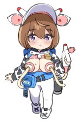 Rule 34 | 1girl, animal ears, animal print, baseball cap, bell, blush, bob cut, breasts, brown hair, chibi, commentary request, cow ears, cow print, cowbell, ear tag, fanny pack, full body, hat, highres, holding, large breasts, long sleeves, looking at viewer, milking machine, mole, mole on breast, no bra, ogre (illustogre), original, pants, purple eyes, shoes, short hair, shrug (clothing), simple background, smile, solo, standing, thighs, white background, white footwear, white pants, yoga pants
