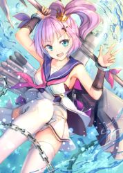 Rule 34 | 1girl, :d, arm up, armpits, azur lane, blue eyes, collarbone, commentary request, crown, holding, holding weapon, javelin (azur lane), koroneko p0w0q, long hair, looking at viewer, machinery, mini crown, open mouth, pleated skirt, polearm, ponytail, purple hair, remodel (azur lane), skirt, smile, solo, thighhighs, torpedo tubes, weapon, white thighhighs, zettai ryouiki