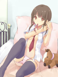 Rule 34 | 10s, 1girl, adjusting hair, bed, between breasts, black thighhighs, blouse, breasts, brown eyes, brown hair, dress, konimaru, looking at viewer, low twintails, mouth hold, navel, necktie, no pants, okita sawa, on bed, open clothes, open shirt, panties, panty pull, pink panties, polka dot, polka dot panties, ribbon, ribbon in mouth, shirt, sitting, small breasts, solo, stuffed animal, stuffed horse, stuffed toy, tari tari, thighhighs, twintails, tying hair, underwear, white shirt