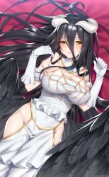 Rule 34 | 1girl, ahoge, albedo (overlord), black hair, blurry, breasts, cleavage, clothing cutout, cowboy shot, dated, demon girl, depth of field, dress, female focus, gloves, hair between eyes, hattori masaki, highres, hip vent, horns, jewelry, large breasts, long hair, looking at viewer, low wings, lying, overlord (maruyama), parted lips, side cutout, slit pupils, solo, white dress, white gloves, wings, yellow eyes