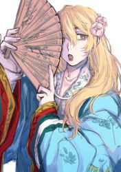 Rule 34 | 1girl, alternate costume, blonde hair, blouse, blue kimono, brumouss, collared shirt, ears visible through hair, eyebrows, eyelashes, fingernails, floral print, flower, folding fan, hair flower, hair ornament, hand fan, holding, holding fan, japanese clothes, kimono, long hair, long sleeves, looking to the side, medium hair, open mouth, pink flower, pink lips, pink rose, rose, sano emma, shirt, solo, teeth, tokyo revengers, traditional clothes, twitter username, upper teeth only, white background, white shirt, yellow eyes