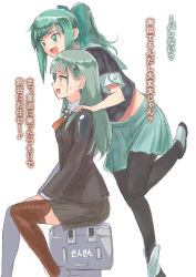 Rule 34 | 2girls, :d, alternate costume, alternate hairstyle, artist name, bow, cosplay, costume switch, from side, green eyes, green hair, hair bow, hair down, hair ornament, hair ribbon, hairclip, hairstyle switch, hands on lap, high ponytail, kantai collection, leaning forward, leg up, long hair, midriff, multiple girls, musical note, navel, open mouth, pantyhose, pleated skirt, ponytail, quaver, rensouhou-chan, ribbon, sarah emi bridcut, school uniform, voice actor connection, sensen, serafuku, shoes, sitting, skirt, smile, standing, standing on one leg, suzuya (kancolle), sweatdrop, thighhighs, translation request, yellow eyes, yuubari (kancolle)