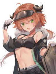 Rule 34 | 1girl, ahoge, amesaki vanilla, arknights, black jacket, black shorts, breasts, collarbone, cow horns, croissant (arknights), crop top, fur-trimmed jacket, fur collar, fur trim, gloves, green eyes, highres, horns, jacket, long sleeves, looking at viewer, midriff, navel, open clothes, open jacket, open mouth, orange hair, penguin logistics logo, shield, short hair, shorts, simple background, small breasts, smile, solo, upper body, visor cap, white background, white gloves