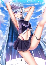 Rule 34 | 1girl, absurdres, armpits, arms behind head, arms up, blue hair, blue sky, blush, breasts, brynhildr (cheer for master) (fate), brynhildr (fate), cheerleader, day, fate/grand order, fate (series), highres, katou shinobu, long hair, looking at viewer, medium breasts, microskirt, miniskirt, navel, open mouth, pleated skirt, purple eyes, skirt, sky, smile, solo, underboob, very long hair