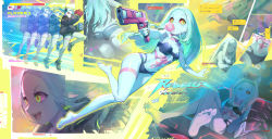Rule 34 | 1girl, :d, afterimage, artist name, barefoot, black bra, black footwear, black jacket, black panties, blue bra, blue hair, blue panties, blue skin, bra, breasts, blowing bubbles, character name, chewing gum, closed eyes, colored sclera, colored skin, crossed arms, crossed legs, cyberpunk (series), cyberpunk edgerunners, cyborg, fewer digits, finger on trigger, floating hair, from behind, full body, gameplay mechanics, green eyes, gun, handgun, handheld game console, highres, holding, holding gun, holding weapon, jacket, leg tattoo, long hair, long sleeves, mechanical hands, multiple views, navel, neck tattoo, observerz, open mouth, oversized forearms, oversized limbs, panties, rebecca (cyberpunk), red pupils, red sclera, shoes, signature, sitting, small breasts, smile, stomach, stomach tattoo, straight hair, tattoo, twintails, underwear, underwear only, weapon