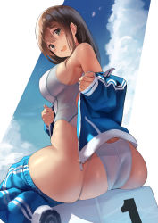 Rule 34 | 1girl, amamiya natsumi, ass, black eyes, blush, breasts, brown hair, clothes pull, cloud, commentary request, competition swimsuit, highres, jacket, kekemotsu, large breasts, looking at viewer, looking back, off shoulder, one-piece swimsuit, open clothes, open jacket, open mouth, original, pants, pants pull, shoes, short hair, sitting, skindentation, sky, sleeves past wrists, smile, solo, swimsuit, track pants