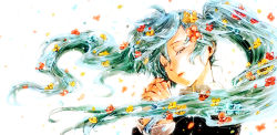 Rule 34 | 1girl, aqua hair, bad id, bad pixiv id, closed eyes, floating hair, flower, hair flower, hair ornament, hatsune miku, long hair, masafumi, own hands clasped, own hands together, simple background, solo, twintails, vocaloid, white background