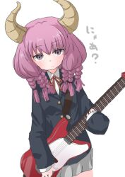 Rule 34 | 1girl, alternate costume, alternate hairstyle, aura (sousou no frieren), blunt bangs, braid, commentary request, demon horns, electric guitar, guitar, hair between eyes, holding, horns, instrument, k-on!, looking at viewer, multiple braids, pink hair, purple eyes, school uniform, simple background, solo, sousou no frieren, soutsuki naru, translation request, white background