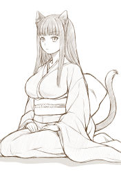 Rule 34 | 1girl, animal ears, breasts, cat ears, cat tail, huge breasts, japanese clothes, kimono, kouda tomohiro, long hair, monochrome, original, seiza, simple background, sitting, slit pupils, solo, tail, white background