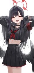 Rule 34 | 1girl, absurdres, arms behind head, black hair, black sailor collar, black skirt, black sleeves, black wings, blue archive, blush, choker, closed eyes, crop top, hair ornament, hairpin, halo, highres, huhi (huhi 1211), ichika (blue archive), light blush, long hair, open mouth, red halo, red ribbon, ribbon, sailor, sailor collar, simple background, skirt, solo, teeth, upper teeth only, white background, wings