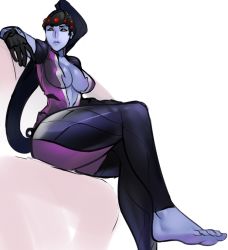 Rule 34 | 1girl, barefoot, blue hair, breasts, cleavage, colored skin, feet, large breasts, long hair, overwatch, overwatch 1, ponytail, purple skin, scathegrapes, sitting, soles, toes, widowmaker (overwatch), yellow eyes