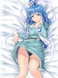 Rule 34 | 1girl, black panties, blue dress, blue eyes, blue hair, clothes lift, crotch seam, curly hair, dress, dress lift, eyebrows, flower, frilled dress, frills, gluteal fold, hagoromo, hair ornament, hair rings, hair stick, hand on own cheek, hand on own face, highres, kaku seiga, lifted by self, long sleeves, lying, matching hair/eyes, on back, on bed, panties, sash, shawl, solo, touhou, u2 (5798239), underwear