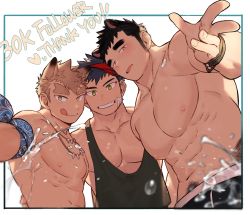Rule 34 | 3boys, :p, abs, animal ears, bara, black hair, blush, brown hair, cat boy, cat ears, gondom, highres, large pectorals, looking at viewer, male focus, milestone celebration, multiple boys, muscular, nipples, open mouth, original, pectorals, reaching, reaching towards viewer, smile, tank top, tongue, tongue out, topless male, water, wet, yellow eyes