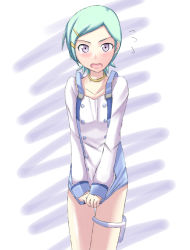 Rule 34 | 00s, 1girl, :o, aqua hair, buckle, collarbone, covering privates, covering crotch, cowboy shot, dress, embarrassed, eureka (eureka seven), eureka seven, eureka seven (series), flat chest, flying sweatdrops, hair ornament, hairclip, holster, jewelry, long sleeves, looking at viewer, neck ring, open mouth, purple eyes, short dress, short hair, solo, standing, strap gap, surprised, swept bangs, thigh gap, thigh holster, thigh strap, towamin