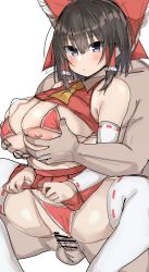 Rule 34 | 1boy, 1girl, ascot, bar censor, bare shoulders, black hair, blush, bow, grabbing another&#039;s breast, breasts, censored, clothed female nude male, clothing aside, detached sleeves, golgi hon, grabbing, hair bow, hair tubes, hakurei reimu, hetero, highres, huge breasts, looking at viewer, nipples, nude, panties, panties aside, parted lips, penis, red bow, red panties, red shirt, red skirt, ribbon-trimmed legwear, ribbon-trimmed sleeves, ribbon trim, sex, sex from behind, shirt, short hair, sidelocks, simple background, skirt, solo focus, testicles, thighhighs, touhou, underwear, vaginal, white background, white thighhighs, yellow ascot