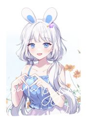 Rule 34 | 1girl, :d, animal ears, bare arms, bare shoulders, blue camisole, brown flower, camisole, collarbone, commission, grey hair, hair ornament, hair over shoulder, looking at viewer, low twintails, moffle (ayabi), open mouth, original, rabbit ears, skirt, smile, solo, star (symbol), star hair ornament, twintails, white background, white skirt