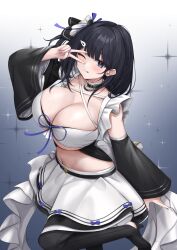 Rule 34 | 1girl, :p, absurdres, azur lane, black hair, blue eyes, blush, breasts, cleavage, closed mouth, gradient background, hair ornament, hand up, highres, large breasts, liverpool (azur lane), long hair, long sleeves, looking at viewer, nail polish, navel, one eye closed, purple nails, skirt, smile, solo, tongue, tongue out, ueyama 0clock, v, white skirt