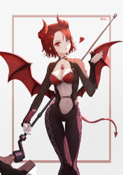 Rule 34 | 1girl, absurdres, black nails, blowing kiss, breasts, character name, cleavage, collarbone, demon horns, demon tail, demon wings, eichi (skskdi12z), epis, heart, highres, holding, holding weapon, horns, king&#039;s raid, large breasts, long sleeves, nail polish, navel, parted lips, red eyes, red hair, short hair, solo, tail, weapon, wings